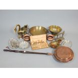 Quantity of Victorian and later metalware and plated ware including a copper warming pan with