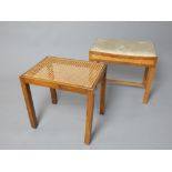 An Art Deco maple and walnut rectangular topped stool with upholstered seat on square section legs