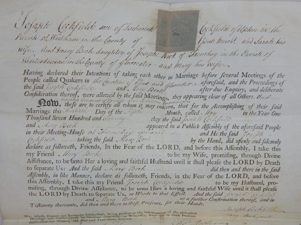 18th C Quaker marriage certificate, with duty stamp, - Image 2 of 2