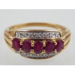 9ct yellow gold diamond and ruby triple strand dress ring.