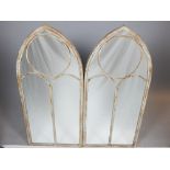 Pair of painted, aged metal gothic style arched wall mirrors, 122 cm H.