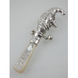 Victorian style white metal baby's rattle and teether, modelled in the form of Mr Punch,