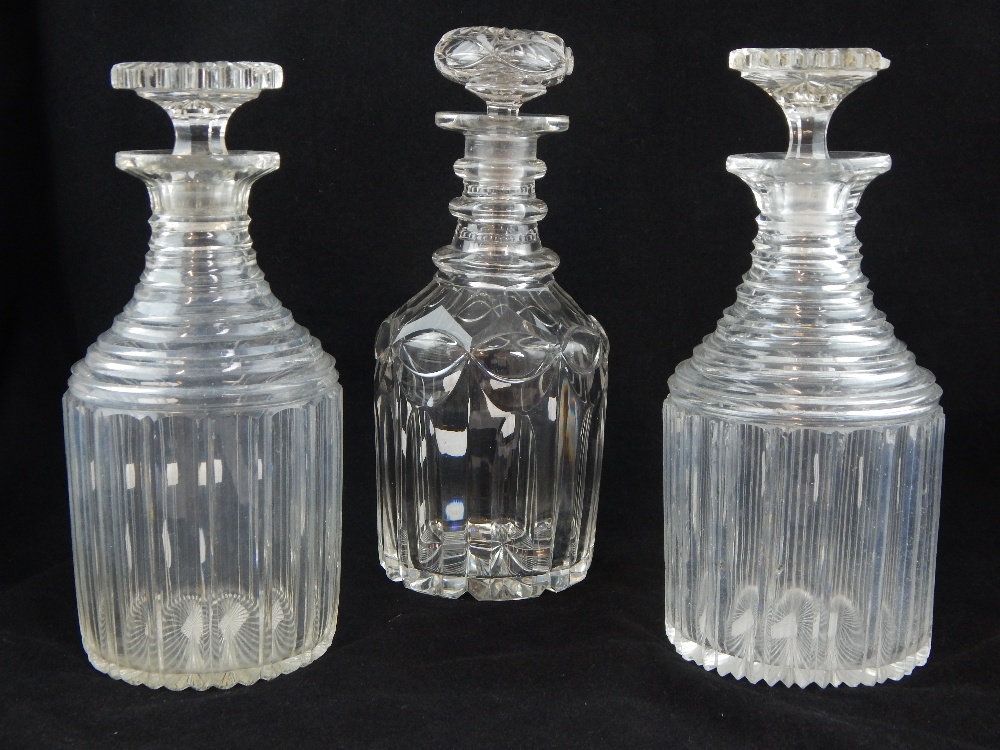 Mid 19th century clear glass decanter, mallet form with triple ring neck and cut faceted body, - Image 2 of 2