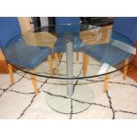 Contempary glass dining table, circular on brush steel column and glass foot, 120 cm dia.