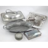 Arts and Crafts style pewter chafing dish by William Hutton, rectangular with an oval cover the