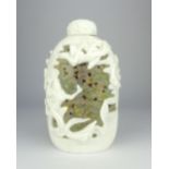 An unusual Peking glass snuff bottle, carved white overlaid glass on grey glass decorated internally