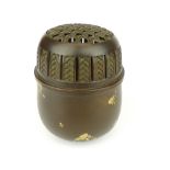 Chinese gold splash bronze, incense burner, star pierced muffin top with feather, grills to edge,