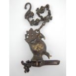 Bronze Asian hanging incence burner, temple lion hook, birds of paradise to chain, supporting a bird