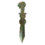 An opaque green jade ram's head handled Chinese ceremonial dagger.