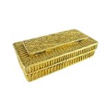 An antique Nepalese gilt metal box and hinged cover decorated with typical blind filigree work, 3