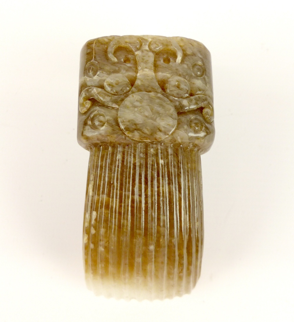 Chinese jade hair clasp, geometric carving, 8.2cm h. - Image 3 of 6