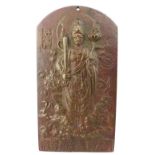 A Chinese votive medallion bronze bas relief rectangular with arched top, with a deity among its