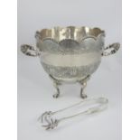 Silver ice bucket, twin shell cast handles, engraved body on hoof feet with detachable liner and