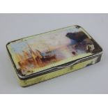 Early 20th century Silver and enamelled snuff box, decorated with ships at sea to top and engraved