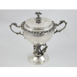 Italian white metal caviar pot, the handles in the form of scrolling leaf, cover with floral