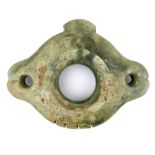 A large green jade pi style ''sounding stone'', the central dished hole is flanked by pierced ''