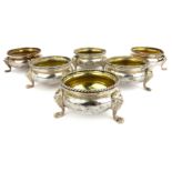 Six Antique Victorian Sterling Silver salt cellars by Andrew Crespel, c1860, date letters rubbed.