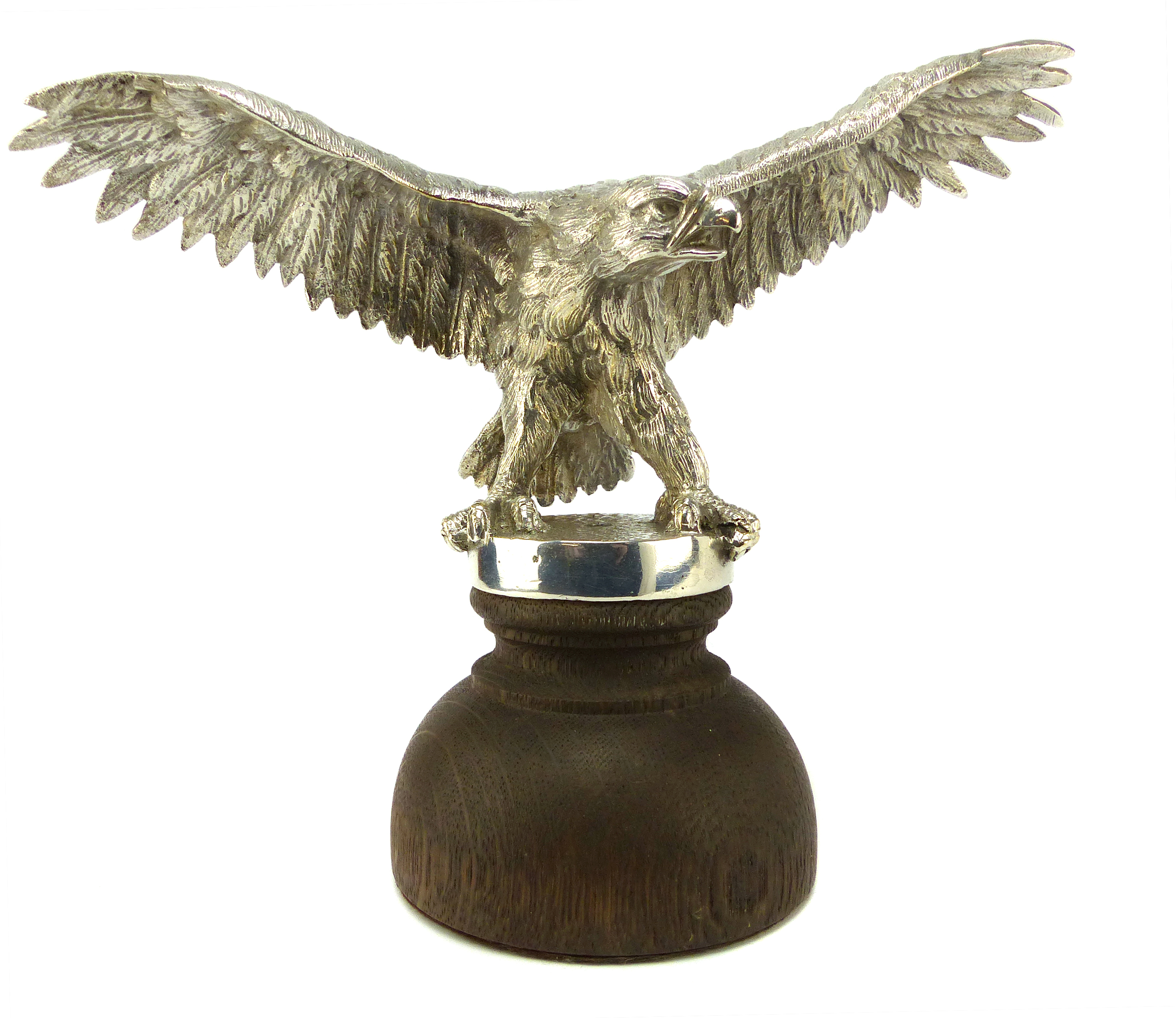 A Silvered bronze statue of an American bald eagle cast in detail to show the eagle with its wings