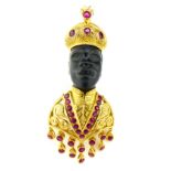 A Nardi style jewelled blackamoor brooch in high carat yellow gold,