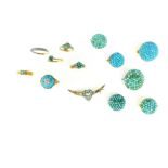 A large collection of turquoise bead mourning jewellery in gold, silver, and gilt metal,