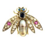 An antique jewelled novelty bee brooch in high carat yellow gold with an elongated pearl body,