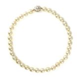 A cultured pearl necklace with diamond set clasp,