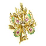 An antique jewelled butterfly brooch in high carat yellow gold, set with rubies,