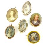 A collection of antique portrait miniature jewellery in gilt metal, comprising seven brooches,