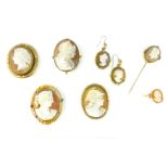 A large selection of carved cameo jewellery in gold and gilt metal depicting an assortment of
