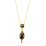 Antique garnet and seed pearl necklace and chain in yellow gold,