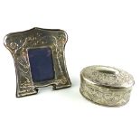 Art Nouveau style silver easel photograph frame embossed with a lady picking fruit 15 cm H and a