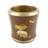 Chinese bronze brush pot, white metal and brass inlaid dragon, ram and sheep, impressed seal mark to