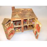 1930s Hobby craft design, dolls house, tile and brick applied wall paper, detachable roof, carry