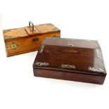 Victorian rosewood and mother-of-pearl writing slope, with a pair of inkwells, 30cm w, together with