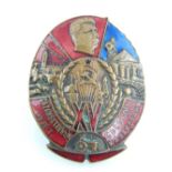 Russia, oval enamel decorated badge XV (15th anniversary of the October Revolution) Stalin and