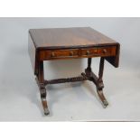 19th C sofa table, mahogany, drop wing, twin and faux drawers, brass roundels, twisting supports and