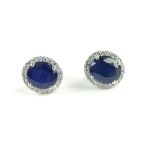 Pair of sapphire and diamond set ear studs, the oval central stone set within a girdle, the posts