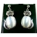 Pair of moonstone set ear pendants modelled in the form of cats and stamped 925