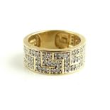 9ct yellow gold diamond ring of Greek Key design, total approx 1ct, 9.1g.