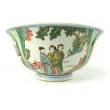 Chinese famille verte porcelain bowl decorated with panels of figures in garden landscapes, 20 cm D