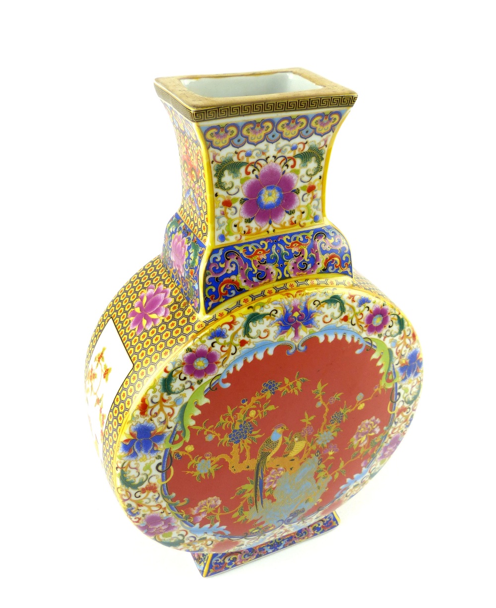 Chinese moon flask, decorated with birds and foliage on a red ground, 30cm h - Image 3 of 4