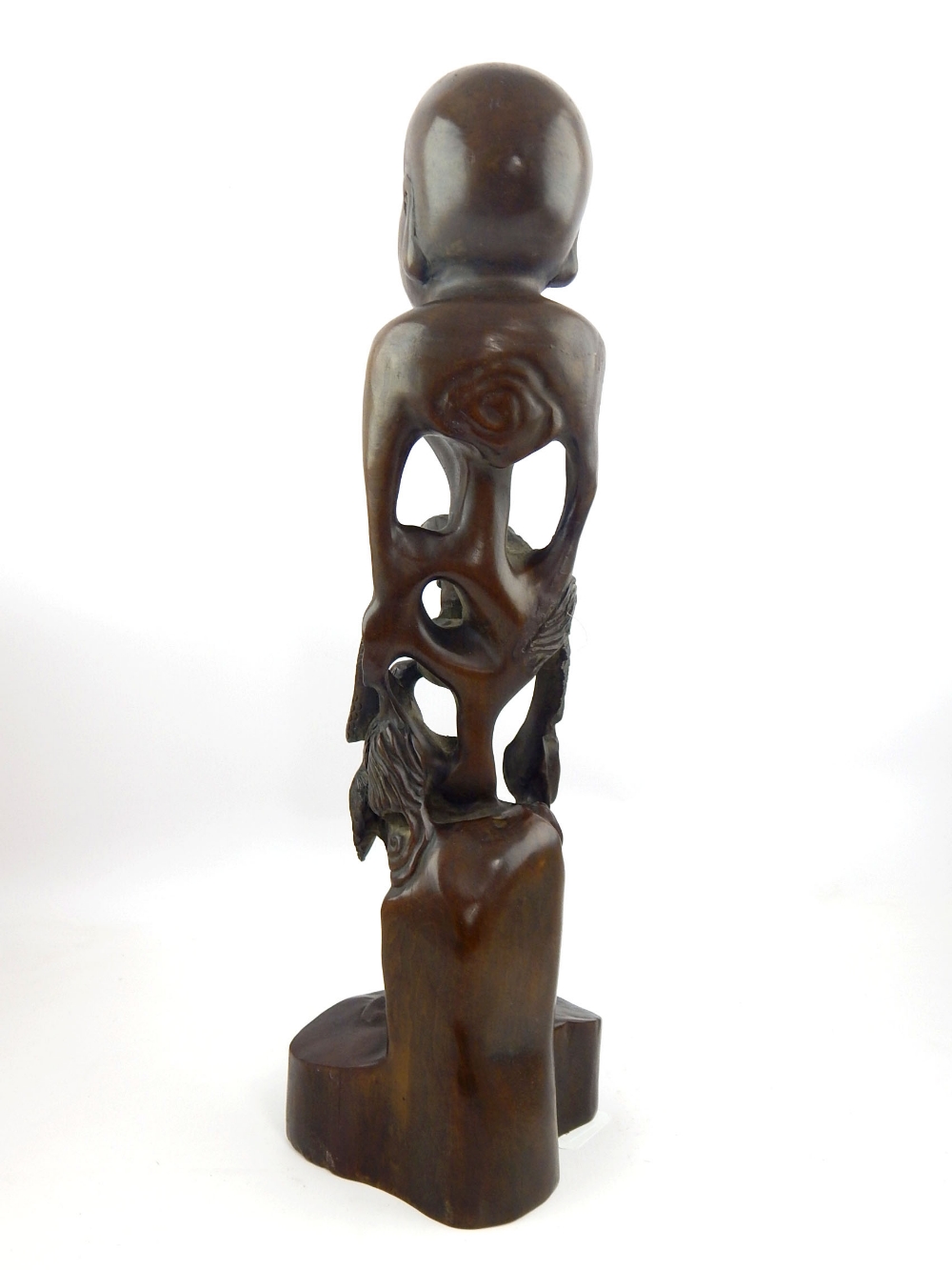 Contemporary Chinese hardwood carving, modelled in the form of a stylised figure and two cranes, - Image 3 of 3