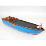 Early 20th century scale model pond cruiser, painted with blue and red hull, 106cm