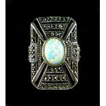 Opalite and marcasite plaque dress ring in the Art Deco style