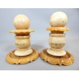 Pair of alabaster water features, engraved with Chinese script for good luck to front, 40cm h