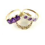 Two 9ct yellow gold purple and white stone dress rings and a 9ct woven band. (3)