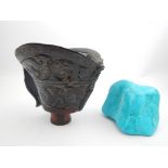 Chinese horn libation cup, 12cm h, with a turquoise stone, 7cm h