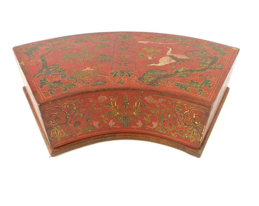 Chinese scarlet lacquer crescent shaped box and cover decorated with cranes 32 cm