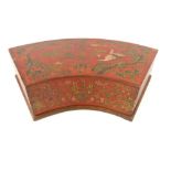 Chinese scarlet lacquer crescent shaped box and cover decorated with cranes 32 cm