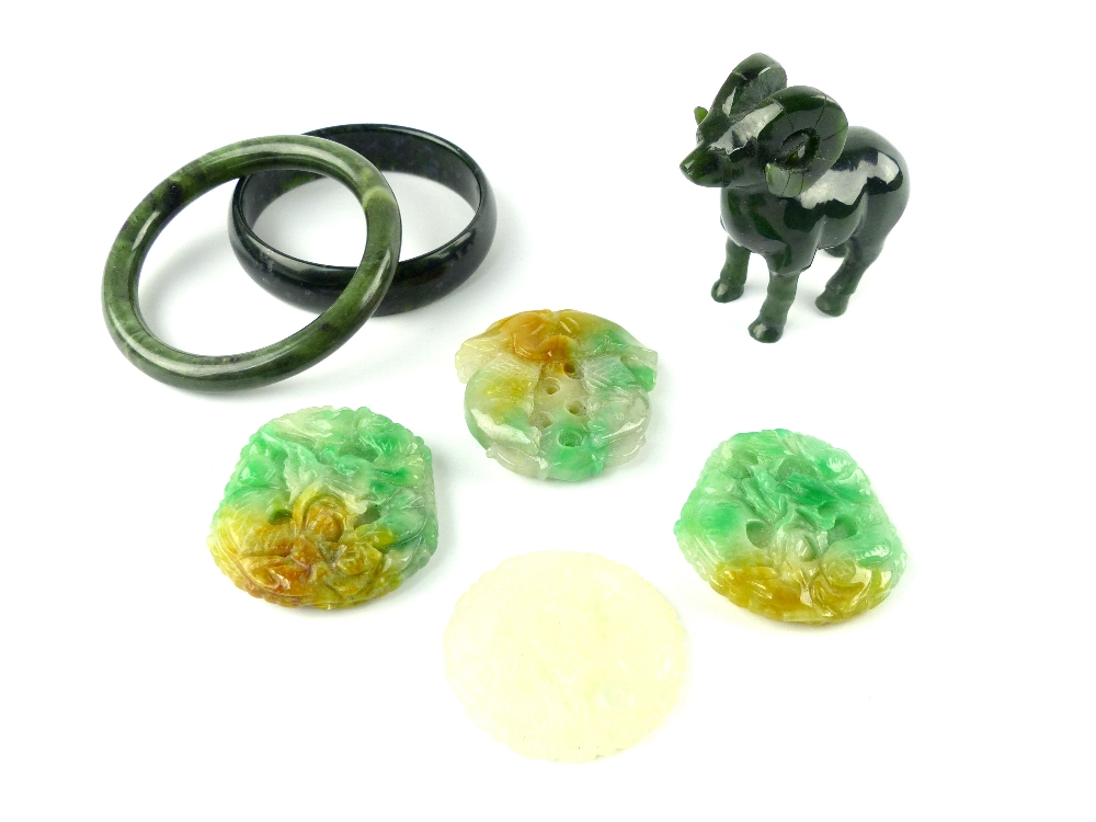 Collection of Chinese and Asian carved jade and jadeite comprising a model of a ram, two bangles and